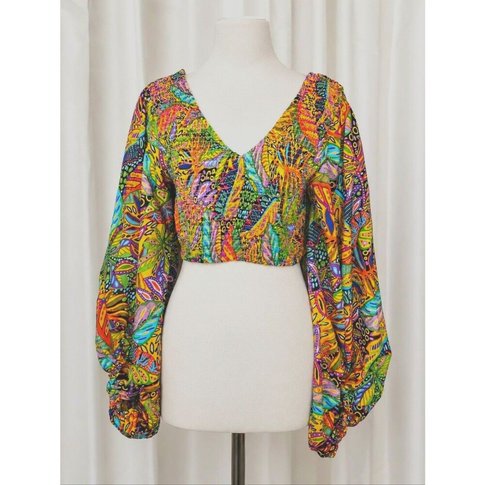 Live 4 Truth Boho Multicolor Abstract Print Balloon Sleeves Artsy Cropped Blouse